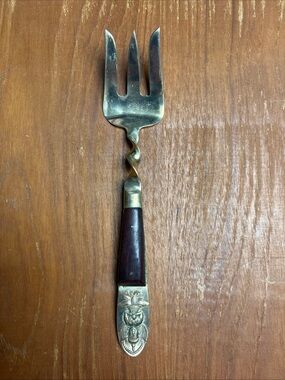 Vintage Siam Thailand Serving Fork Twisted Silverware Brass Wood Handle Flatware